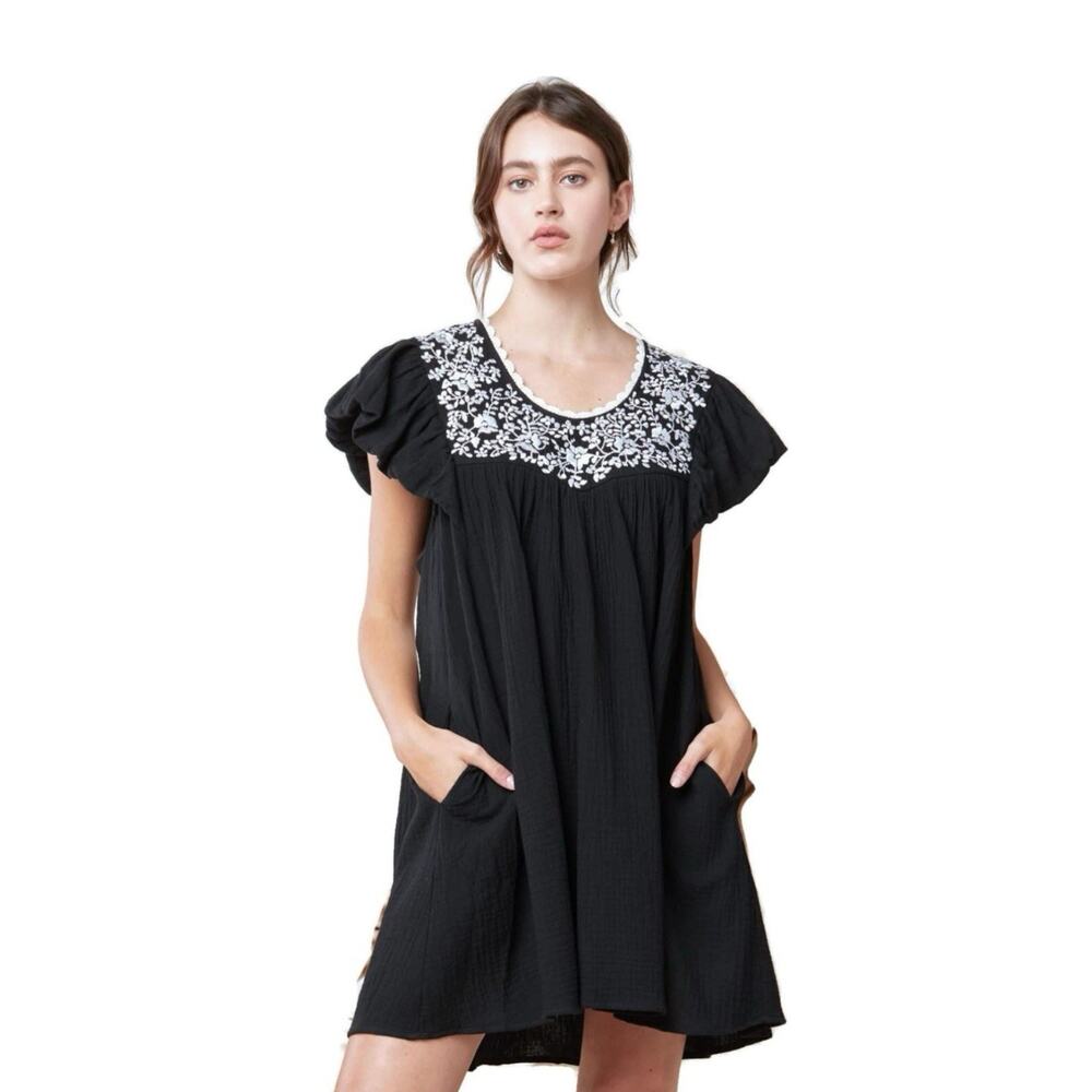 Entro Babydoll Dress S Black Boho Floral Embroidered 100% Cotton Gauze Resort